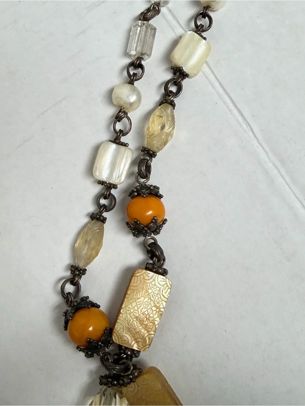Vintage 90’s Stephen Dweck .925 Silver Pearl Amber, Citrine & Quartz Necklace